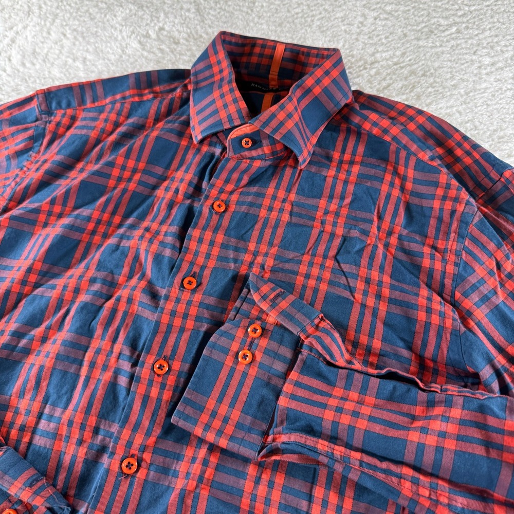 HAMMER MADE‎ Men's Shirt Long Sleeve Button Down Check Blue Orange Size 43/17
